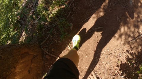 Ultra marathon runner training and running uphill in the forest. Muscles and legs - POV shot
