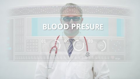 BLOOD PRESURE tab is scrolled by a doctor on a modern display