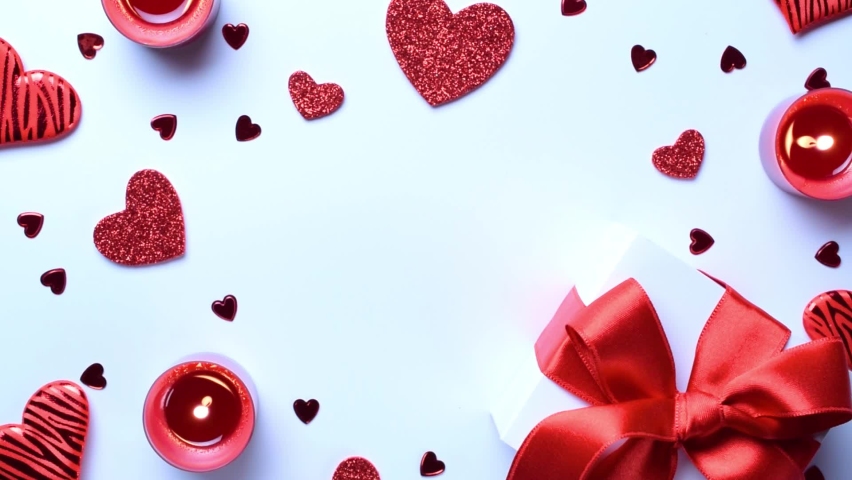 Valentines day heart, romantic gift box, red love candle on white background. Sainte Valentine, mothers day, birthday greeting cards, invitation, celebration concept