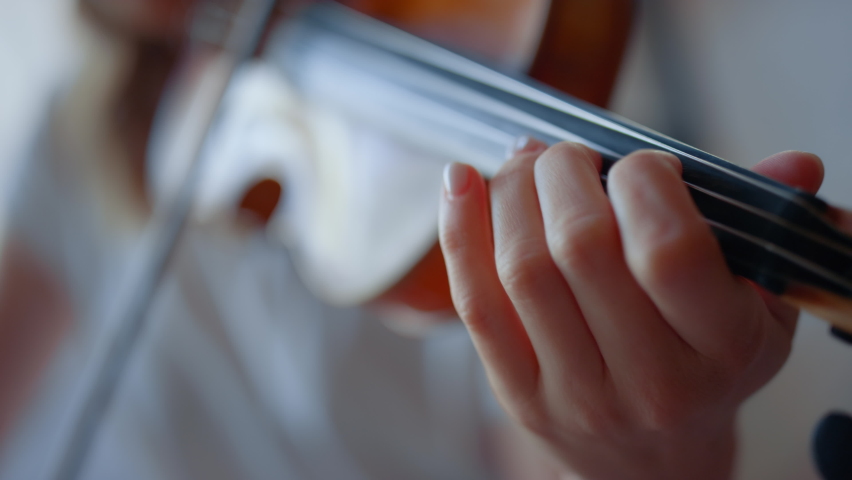 Closeup teenage girl hand playing violin. Unrecognizable woman fingers pressing strings on violin during performance. Female musician playing chords on string instrument | Shutterstock HD Video #1065908095