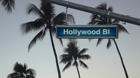 A Sign For Hollywood Blvd In Los Angeles With Palm Trees At Dusk