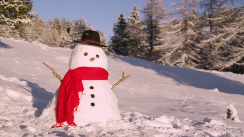 CLOSE UP, COPY SPACE, DOF: Funny looking snowman stands in the idyllic wintry countryside on a sunny day. Scenic shot of a snowman wearing a hat and red scarf in the middle of a vast snowy meadow.