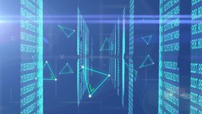 Neon triangle shapes moving over screens of binary coding data processing on blue background. computer interface technology and online security concept. - Powered by Shutterstock - Get 15% off with code: PIKWIZARD15