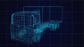 Animation of blue 3d drawing of truck and technical data processing. digital interface global connection and communication concept digitally generated image. - Powered by Shutterstock - Get 15% off with code: PIKWIZARD15