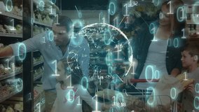 Animation of binary coding, globe of network of connections over family with shopping trolley. digital interface global connection and communication concept digitally generated image. - Powered by Shutterstock - Get 15% off with code: PIKWIZARD15