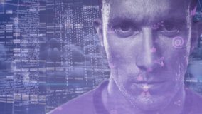 Animation of man's face against network of connections with icons and data processing. digital interface global connection and communication concept digitally generated image. - Powered by Shutterstock - Get 15% off with code: PIKWIZARD15