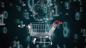Animation of shopping trolley with globe of network of connections and binary coding. digital interface global connection and communication concept digitally generated image. - Powered by Shutterstock - Get 15% off with code: PIKWIZARD15
