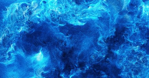 Abstract turbulent and flowing water or blue liquid particles.  Motion background with blue water for event, concert, title, presentation, music, VJ. 4K loop