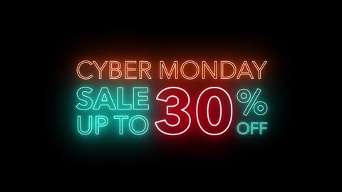 Animate flashing of cyber Monday sale up to percent off colorful neon blaze sign motion banner in black background for promote video. concept of promotion brand sale series 10-90%