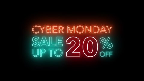 Animate flashing of cyber Monday sale up to percent off colorful neon blaze sign motion banner in black background for promote video. concept of promotion brand sale series 10-90%