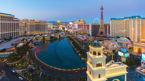 LAS VEGAS, USA - CIRCA JANUARY 2021 : High angle view of the Las Vegas skyline with hotels and casinos along Strip at sunset, USA