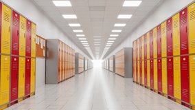 Seamless looping animation of a bright school hallway. Red and yellow lockers for students at college or university. An endless rows of lockers at the corridor. Academic building for pupils. Education - Powered by Shutterstock - Get 15% off with code: PIKWIZARD15