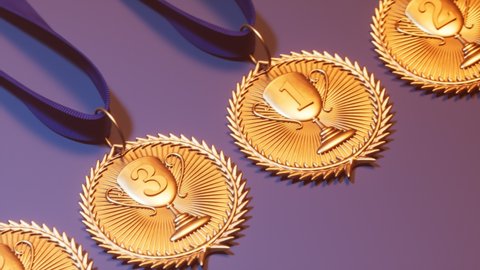 Endless animation of sports medals with ribbons on a purple background. Set of top three awards for winners. First prizes for champions. Winning competition, success, victory, championship. Trophies.