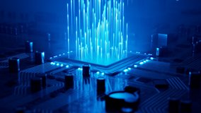 Impressive animation shows data flow in a motherboard in pc. Highlighted processor among circuits and electronic components.CPU. Hardware. Concept of digital communication, cloud computing, processing - Powered by Shutterstock - Get 15% off with code: PIKWIZARD15