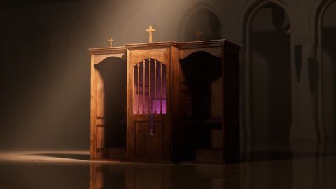 Beautiful light in Christian chapel falls on confessional. Place in the catholic church to confess sins. Sacrament of penance and reconciliation. Regret.Symbol of Devine mercy, forgiveness and love