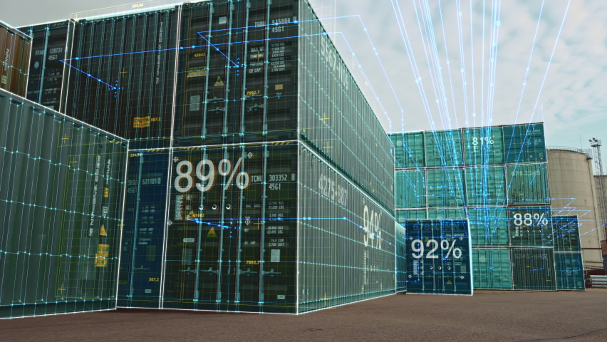 VFX Concept: Augmented Reality 3D Visualization Over Containers in the Terminal. Futuristic Animation Shows Online Connectivity of Every Unit to the Logistics Center and the Level of Load They Hold. | Shutterstock HD Video #1065943342