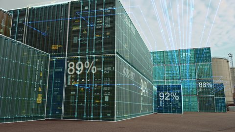 VFX Concept: Augmented Reality 3D Visualization Over Containers in the Terminal. Futuristic Animation Shows Online Connectivity of Every Unit to the Logistics Center and the Level of Load They Hold.