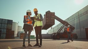 Multiethnic Female Industrial Engineer with Tablet and Black African American Male Supervisor in Hard Hats and Safety Vests Stand in Container Terminal. Colleagues Talk About Logistics Operations. - Powered by Shutterstock - Get 15% off with code: PIKWIZARD15