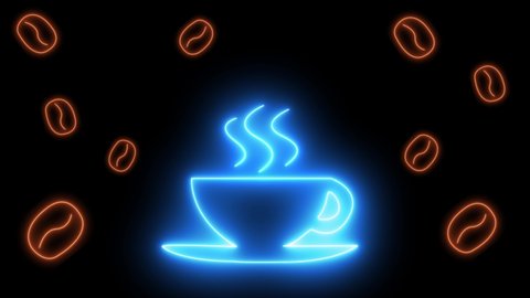  Cup of coffee beans on a black background. Animated neon coffee cup, coffee cup, coffee animation. Aromatic drink.
