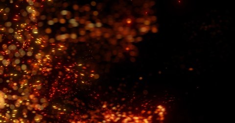 Abstract fire motion graphic. Fire glittering sparkle drift from left on dark background. embers flying in the wind and heat turbulence from fire. 3D render, 4K loop