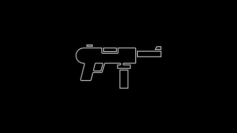 White line Submachine gun M3, Grease gun icon isolated on black background. 4K Video motion graphic animation .