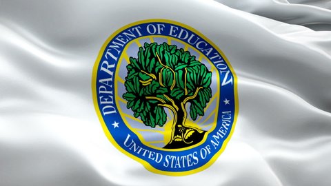 United States Department of Education DOE emblem waving on United States flag. National 3d United States DOE flag waving. Sign of US Department of Education -Washington, 2 May 2019
