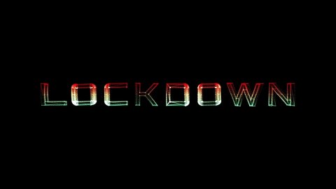 Lockdown 3D text render with particles. Modern motion graphic element ready to use background and screen. Cyber futuristic alert of pandemic coronavirus illness.