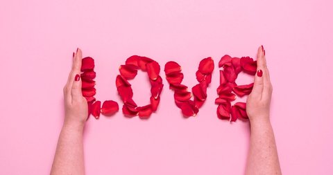 Writing the love word from a rose petal heart, stop motion. Red rose petal on a pink background. Romantic flat lay for 
Valentine day 4k animation.  
