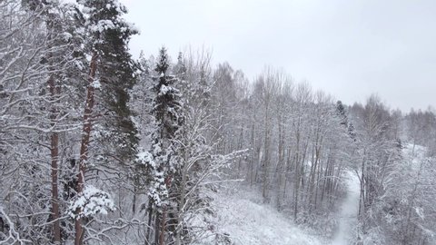 View from the drone to Watchtower in winter over snow covered trees.