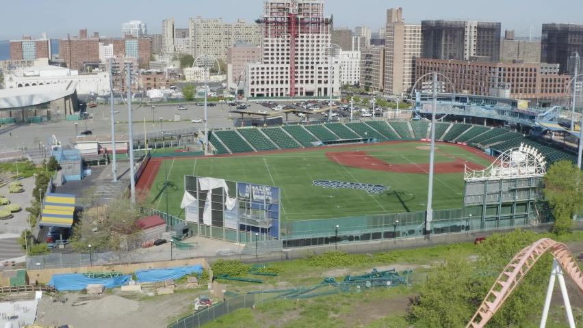New York , United States - 07 04 2020: MCU Park Baseball Stadium, Coney Island, Brooklyn. Aerial View of Sports Venue, Closed During Covid-19 Virus Outbreak