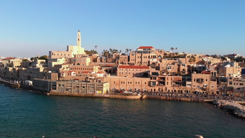 Aerial footage of the famous old town of Jaffa in Tel Aviv, Israel.