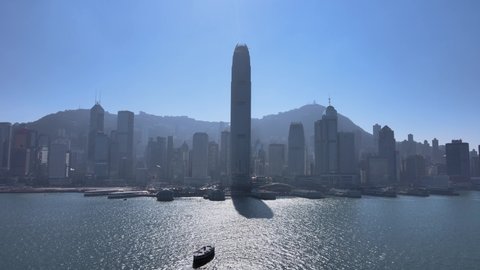 Aerial View of the skyline of Hong Kong at Victoria Harbour Financial Central District