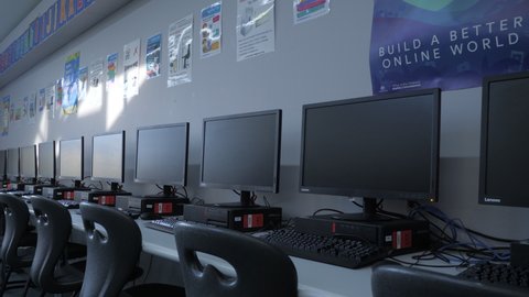 Geelong , Victoria , Australia - 08 24 2020: Row Of School Computers In An Empty Classroom
