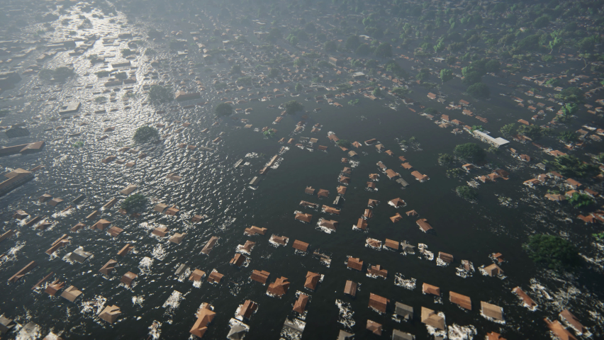 Flight over New Orleans City Flooded, people sitting on roofs for being rescued, 4K