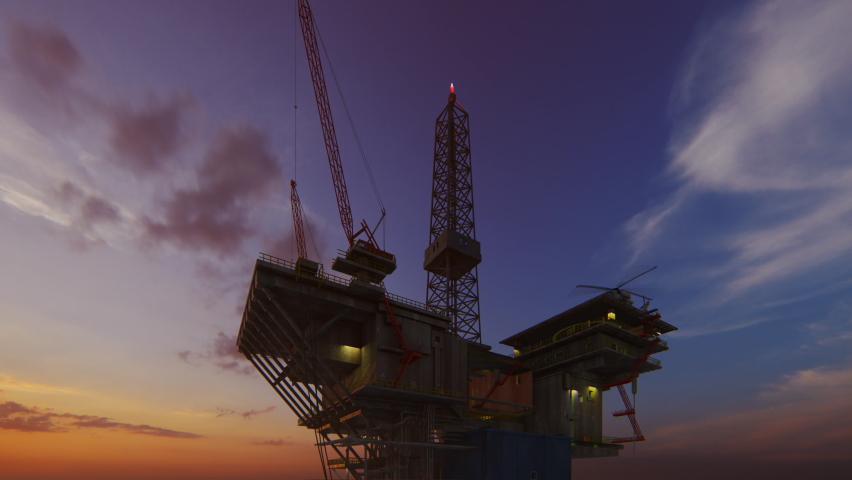 Helicopter Flying from Oil Rig Platform against Sunset, 4K Royalty-Free Stock Footage #1065995698