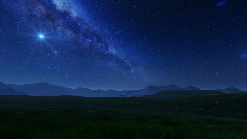 Alien UFO Flying Above Mountain Against Milky Way, 4K