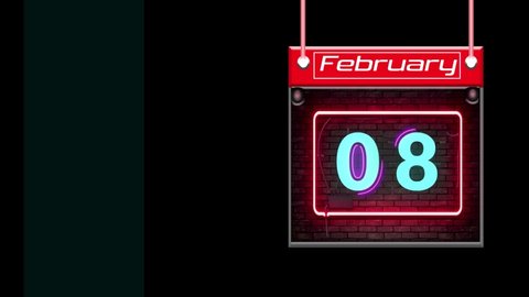 8 February Neon effect text, monthly Calendar on workplace with Black Background, Empty space for text, Copy space right