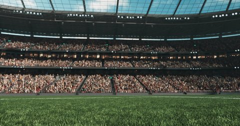 Dynamic shot of an empty professional soccer stadium with animated crowd. Stadium and crowd are made in 3d.
