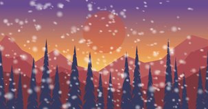 Animated background with mountains in snowy winter. Snowfall in a mountain valley. Cartoon style footage
