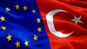 Europe and Turkish Flag Wave Loop waving in wind. Realistic European Union vs Turkey Flag background. EU Turkey Flag Looping Closeup. Video of Euro sign waving. Euro and Turkish flag Slow Motion video