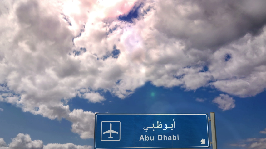 Jet plane landing in Abu Dhabi, United Arab Emirates, UAE. City arrival with airport direction sign. Travel, business, tourism and transport concept. 3D rendering animation.
