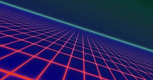 Animation of glowing red grid moving in space on seamless loop. retro video gaming colour and movement concept