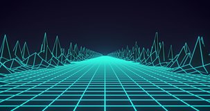 Animation of glowing green grid and map with mountains moving on seamless loop. retro video gaming colour and movement concept