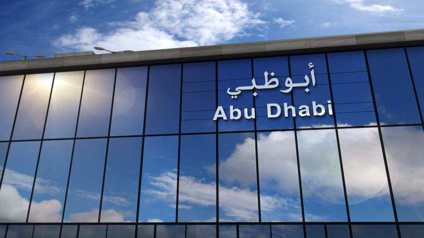 Jet aircraft landing at Abu Dhabi, United Arab Emirates, UAE 3D rendering animation. City arrival with the glass airport terminal and plane reflection. Travel, business, tourism and transport concept.