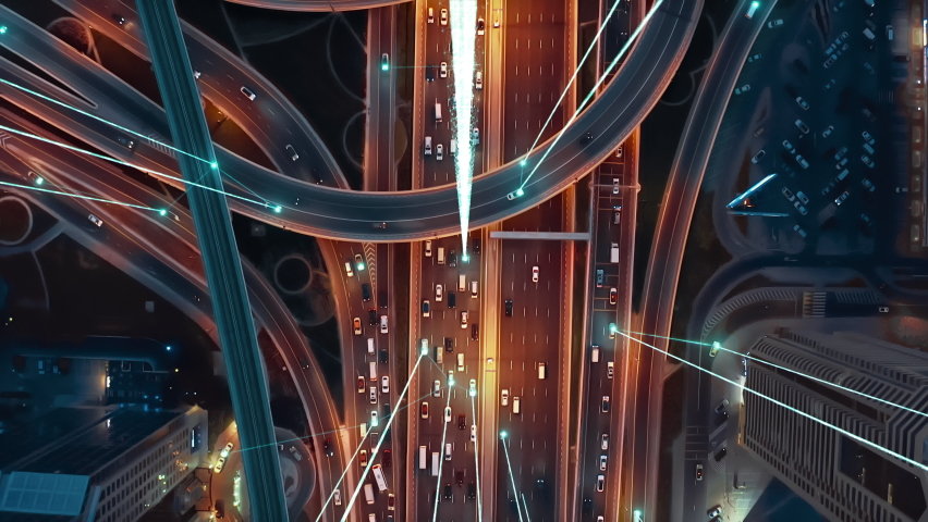 Internet Of Vehicles Autonomous Driving Systems Connected Cars Communicating Via Artificial Intelligence With Satellite Beams Information Signals Digital Highway Connection 5G Smart City Traffic Road