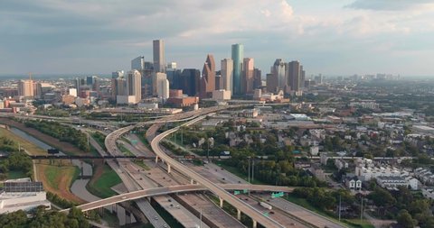 High angle establishing drone shot of downtown Houston. This video was filmed in 4k for best image quality.