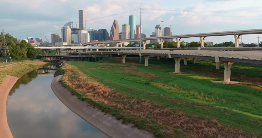High angle establishing drone shot of downtown Houston. This video was filmed in 4k for best image quality.