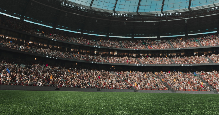 Dynamic shot of an empty professional soccer stadium with animated crowd. Stadium and crowd are made in 3d. | Shutterstock HD Video #1066019545