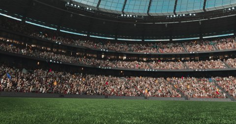 Dynamic shot of an empty professional soccer stadium with animated crowd. Stadium and crowd are made in 3d.