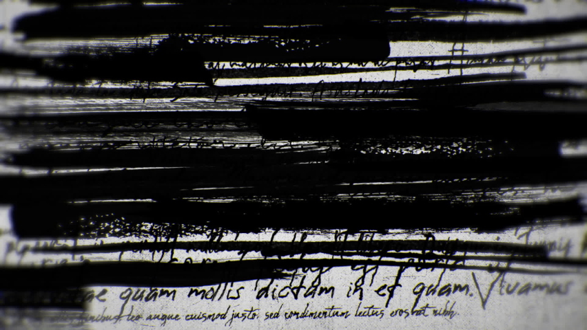 Black and white animation of a cursive handwritten text crossed out by horizontal brush strokes on a grunge textured paper. 
